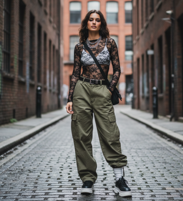Gen Z street style featuring a sheer black lace top layered over a bralette with wide-leg cargo pants for the Laced Up 2026 trend