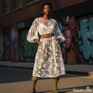How to style sheer dresses over pants: Nianki white embroidered mesh dress layered over olive cargo trousers with a leather belt.