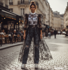 Nianki Sheer-Over-Street trend 2026: A model wearing a black lace sheer dress over blue denim jeans.