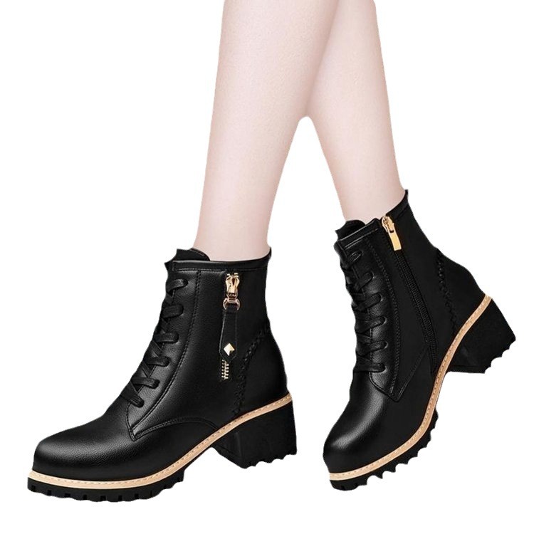 Mid length boots PU leather shoes casual six hole British style Martin boots women's black single lining - Image 5