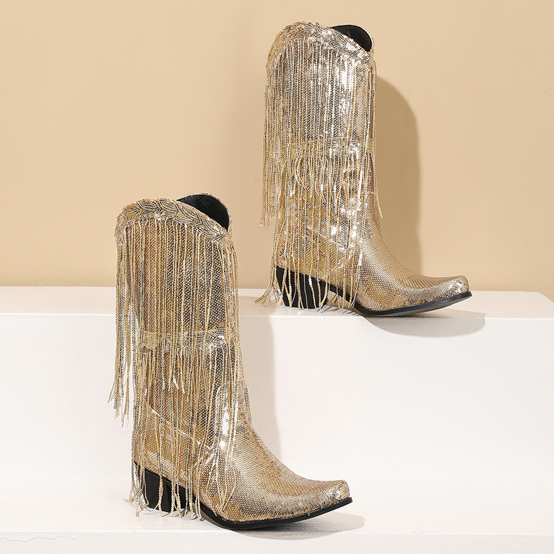 Curved Toe Sequins Glitter Bling Shiny Gold Green Purple Women Heels Shoes Mid-calf Western Cowboy Boots With Fringes Tassels - Image 2
