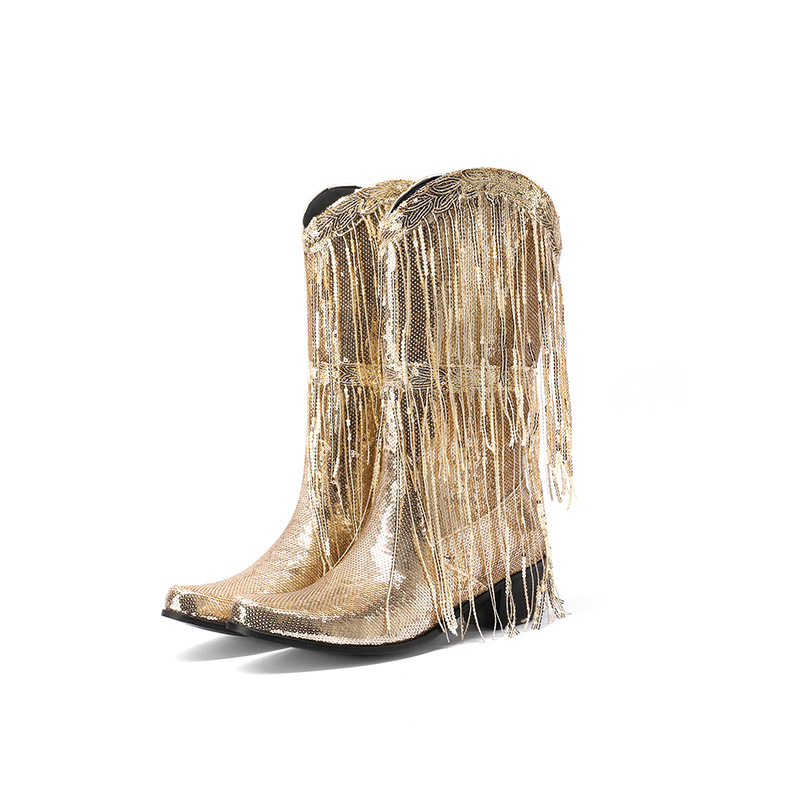 Curved Toe Sequins Glitter Bling Shiny Gold Green Purple Women Heels Shoes Mid-calf Western Cowboy Boots With Fringes Tassels - Image 7