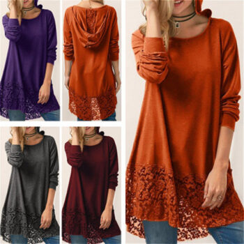 Solid Color Long-Sleeved T-Shirt Autumn New Lace Stitching Hood Shirt
