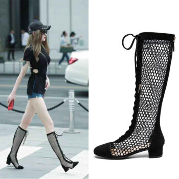 Mesh boots with hollowed out and internet famous features, summer super fiber leather thick heel boots, high tube mesh over knee long tube, Roman cool boots for children
