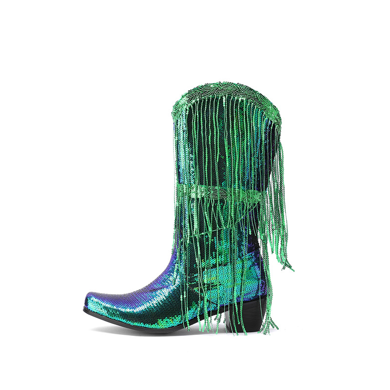 Curved Toe Sequins Glitter Bling Shiny Gold Green Purple Women Heels Shoes Mid-calf Western Cowboy Boots With Fringes Tassels - Image 11