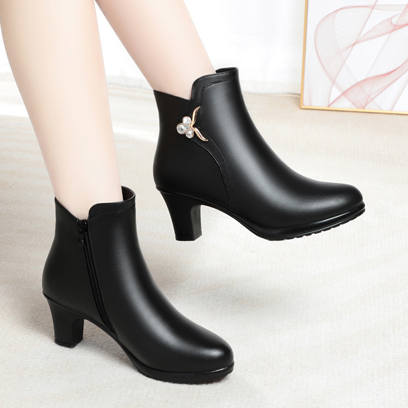 Business short boots, women's boots, mid heel, round toe, anti slip, women's thick heel with plush cotton shoes, single boots with plush boots - Image 2