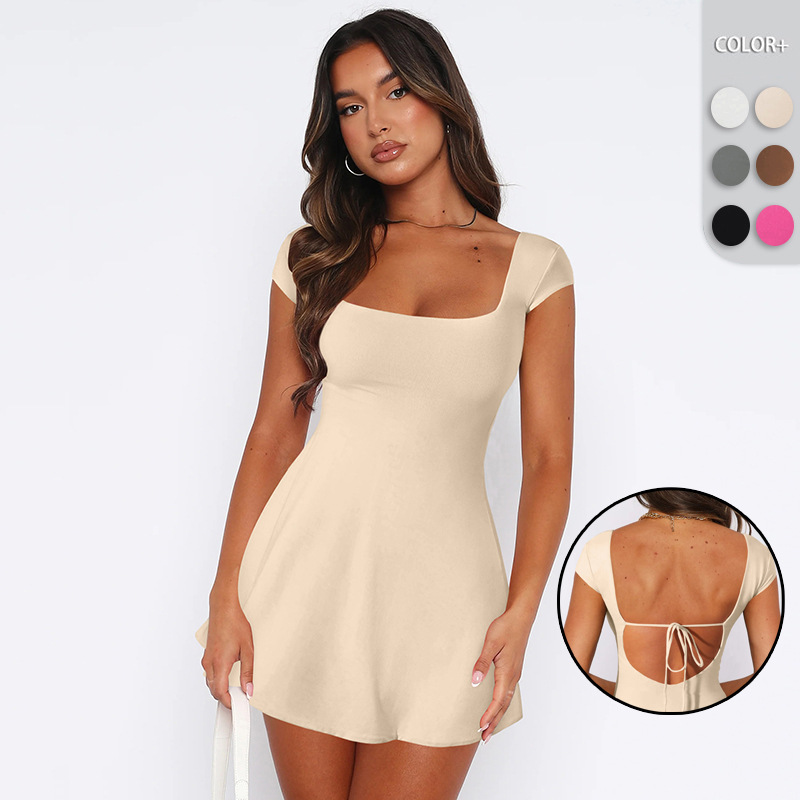 Women's Square Neck Short Sleeve Mini A-Line Dress Sexy Pure - Image 2