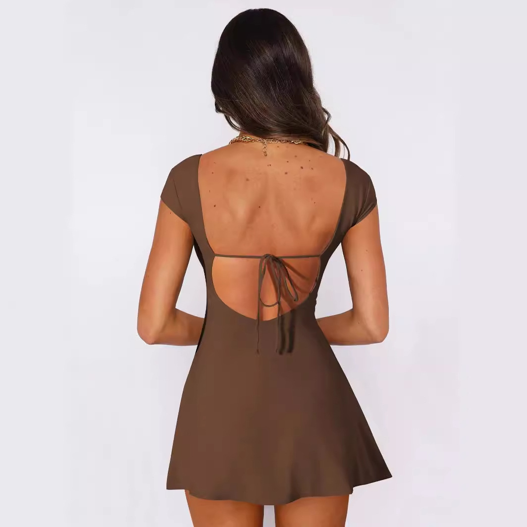 Women's Square Neck Short Sleeve Mini A-Line Dress Sexy Pure - Image 5