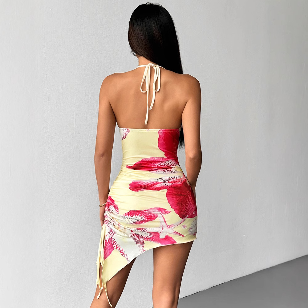 Printed Sexy Halter High Waist Slim Short Dress - Image 5