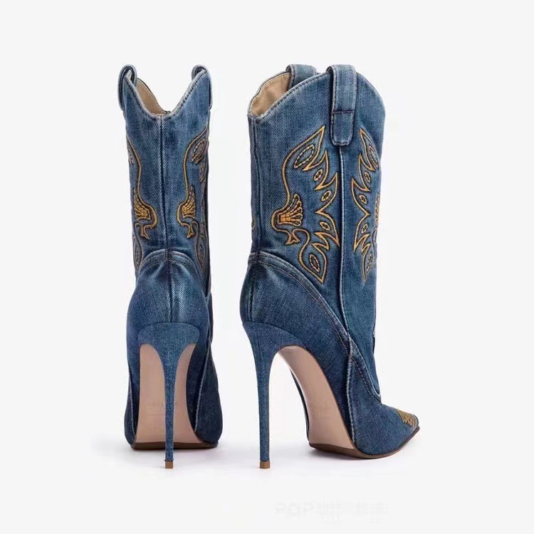 Western cowboy style high heels, pointed high heels, embroidered short tube, slim and sexy knight boots, fashion boots for women - Image 2
