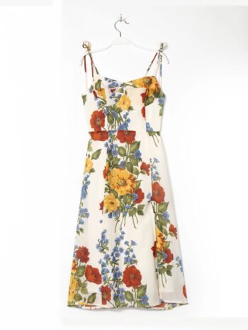 Summer New French Retro Print Over-The-Knee Slit Sexy Slim Mid-Length Suspender Dress