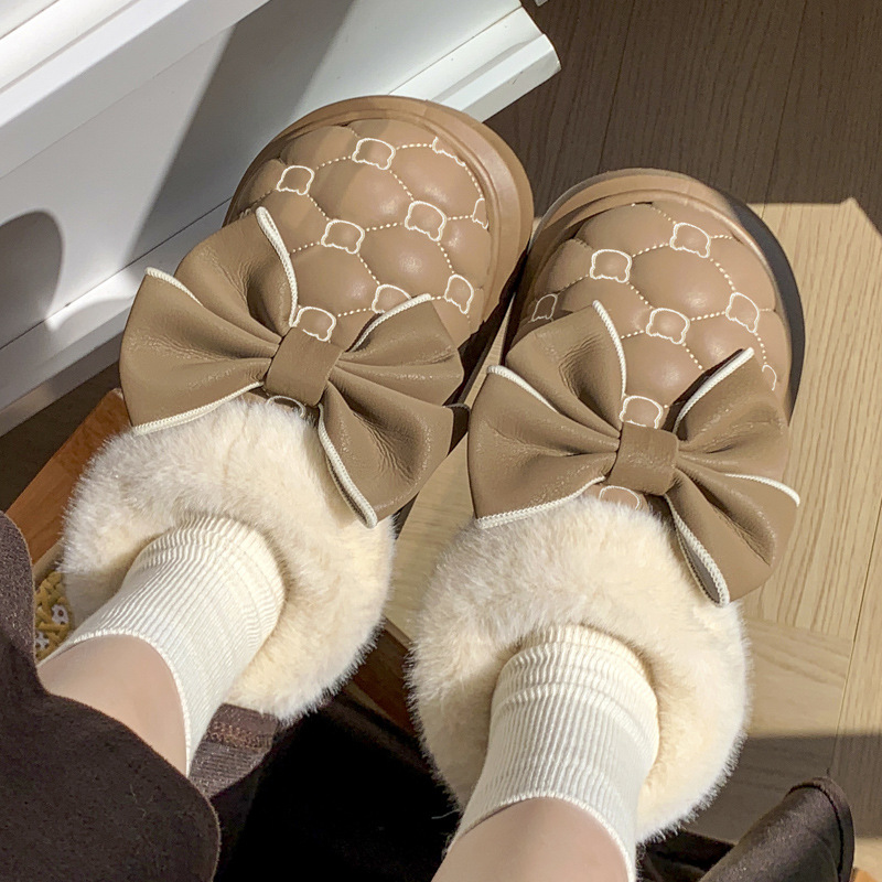 Butterfly knot waterproof cotton shoes, women's bags, and winter indoor home velvet anti slip cotton slippers - Image 4