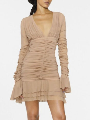 French Temperament Style Handmade Pleated Skirt Autumn New Sexy V-Neck Long Sleeve Dress