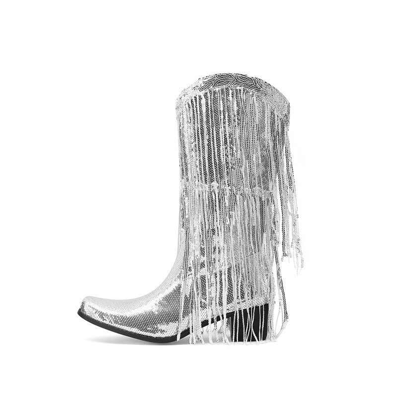 Curved Toe Sequins Glitter Bling Shiny Gold Green Purple Women Heels Shoes Mid-calf Western Cowboy Boots With Fringes Tassels - Image 5