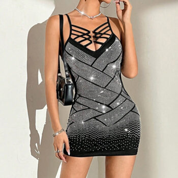 Short Dress with Rhinestone Embellishment Sexy Fashion Fitted Black Slimming Dress