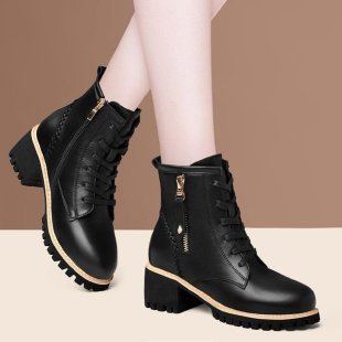 Mid length boots PU leather shoes casual six hole British style Martin boots women's black single lining - Image 7