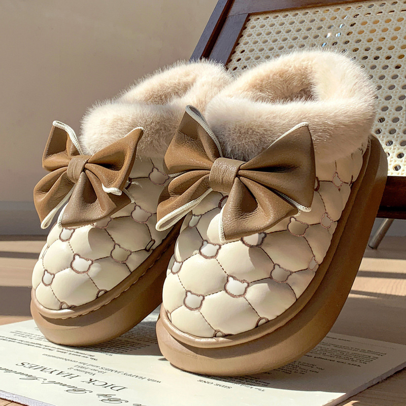 Butterfly knot waterproof cotton shoes, women's bags, and winter indoor home velvet anti slip cotton slippers - Image 6