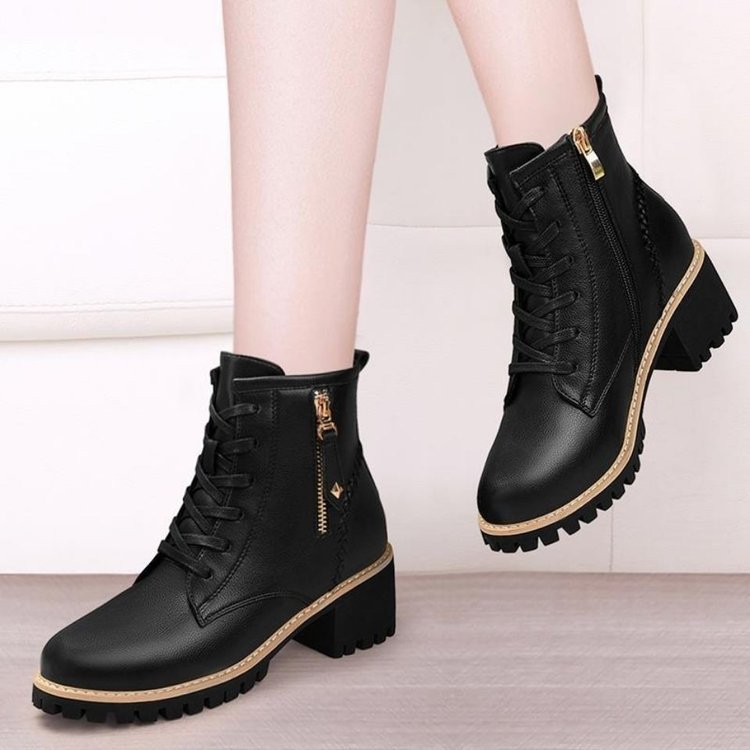 Mid length boots PU leather shoes casual six hole British style Martin boots women's black single lining - Image 3