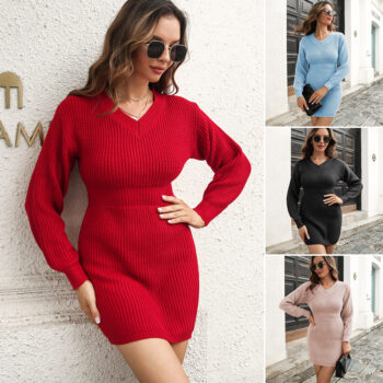 V-Neck Long Sleeve Waist High-Waist Sweater Dress Women's Knitted Dress Autumn And Winter New