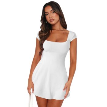 Women's Square Neck Short Sleeve Mini A-Line Dress Sexy Pure