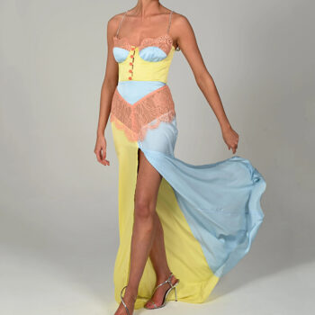 Women's Autumn New Color Matching Lace Hollow Dress Sexy Goddess Suspenders Strapless High Slit Dress