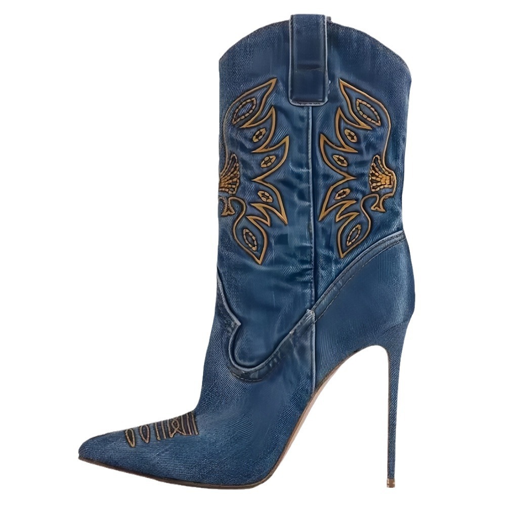 Western cowboy style high heels, pointed high heels, embroidered short tube, slim and sexy knight boots, fashion boots for women - Image 5