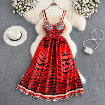 Temperament Leopard Print Tube Top Suspender Skirt Fashion Waist A-Line Swing Dress For Women