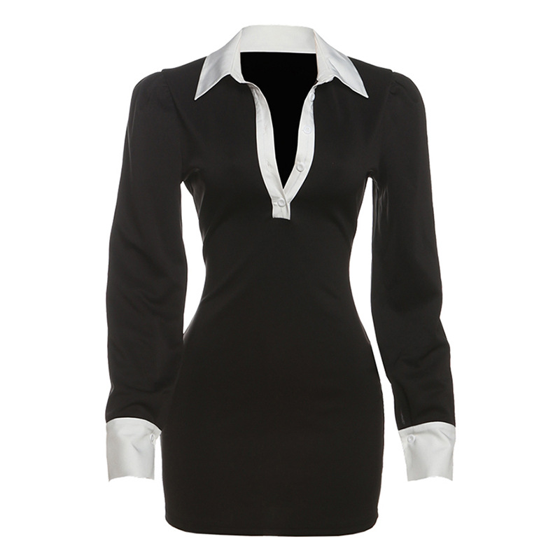Elegant Office Wear V-Neck Color-Blocked High-Waisted Fitted Long Sleeve Dress - Image 6