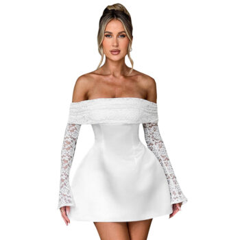 Sexy lace high waisted slim fit long sleeved short dress