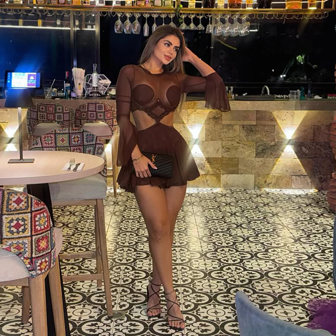 Creative Sexy Mesh Spliced Sheer Long Sleeve Dress - Image 2