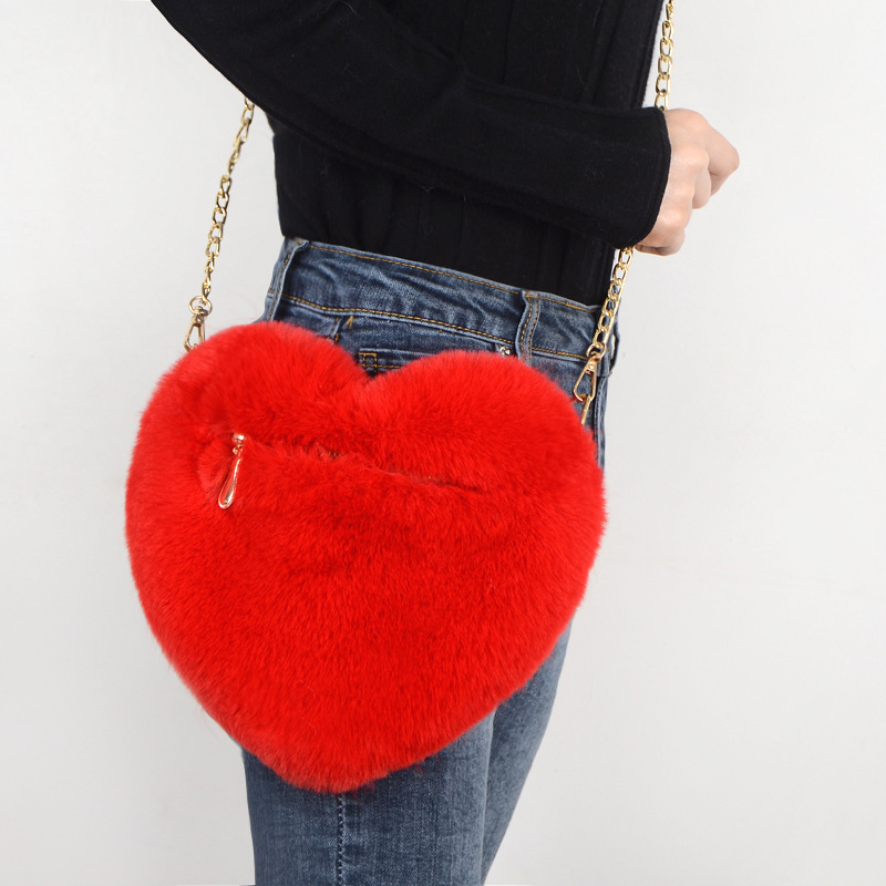 Fashion love heart bag peach heart bag women's chain messenger bag plush shoulder furry bag coin purse - Image 2