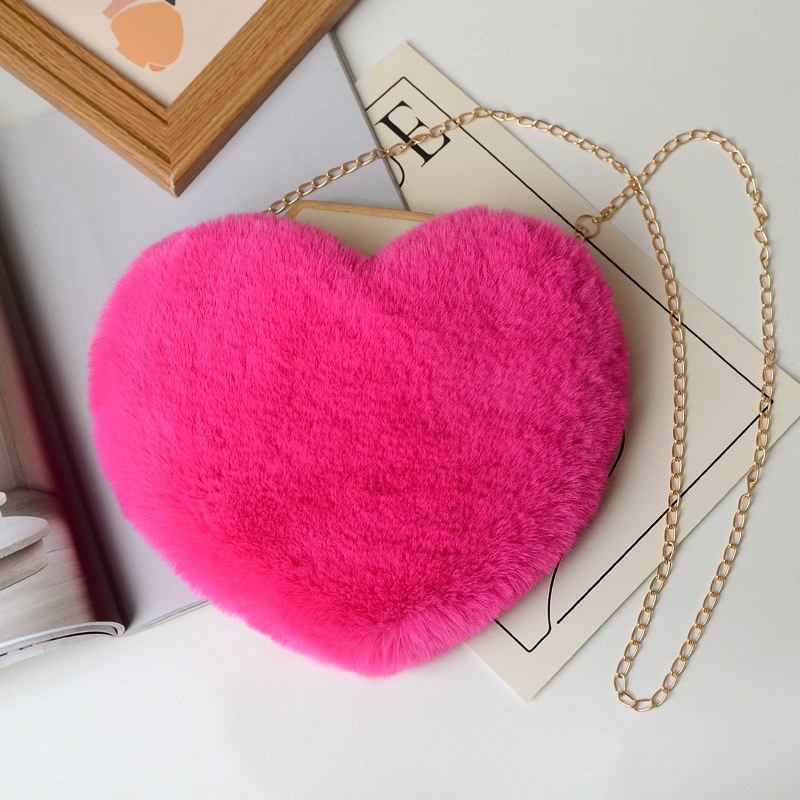 Fashion love heart bag peach heart bag women's chain messenger bag plush shoulder furry bag coin purse - Image 12