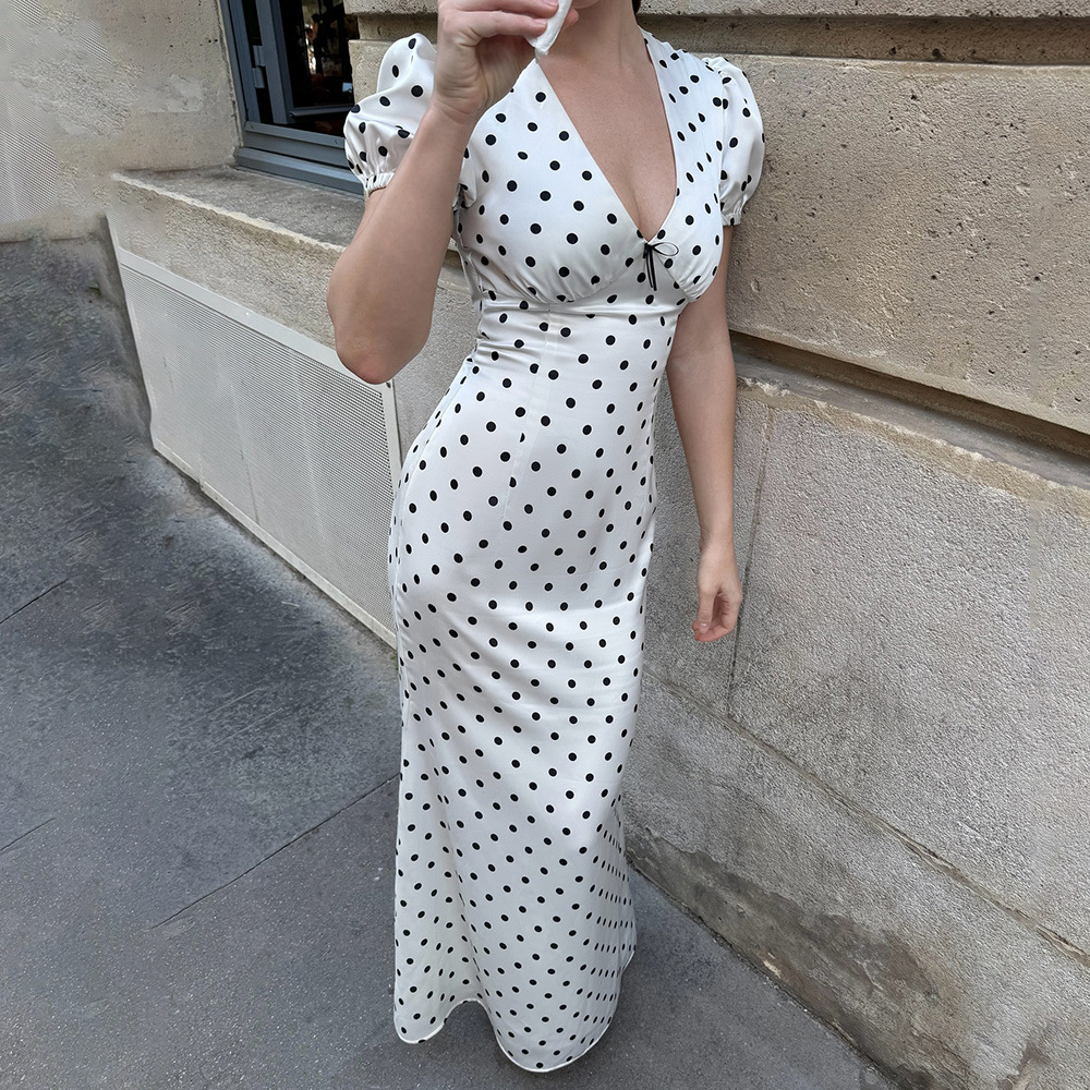 Style Women's Office Wear Bubble Sleeve Fitted Polka Dot Dress