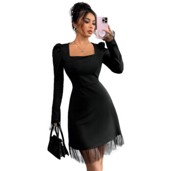 Lace Splicing  Long Sleeve  Square Neck High Waist A-line Dress