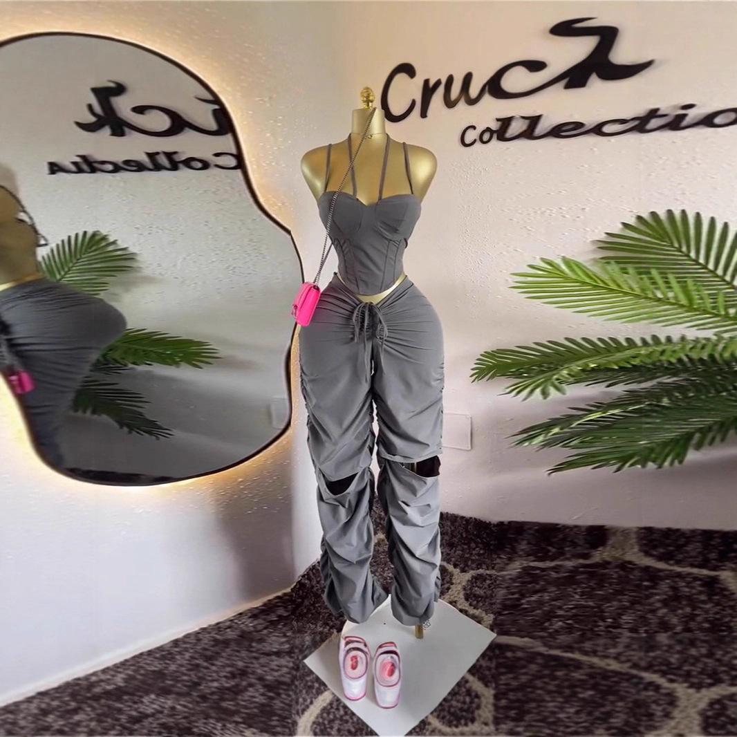 Retro Cargo Pants Women High Waist Straight Leg Pleated Pants Slimming Strapless Top Sleeveless 2-Piece Set - Image 3