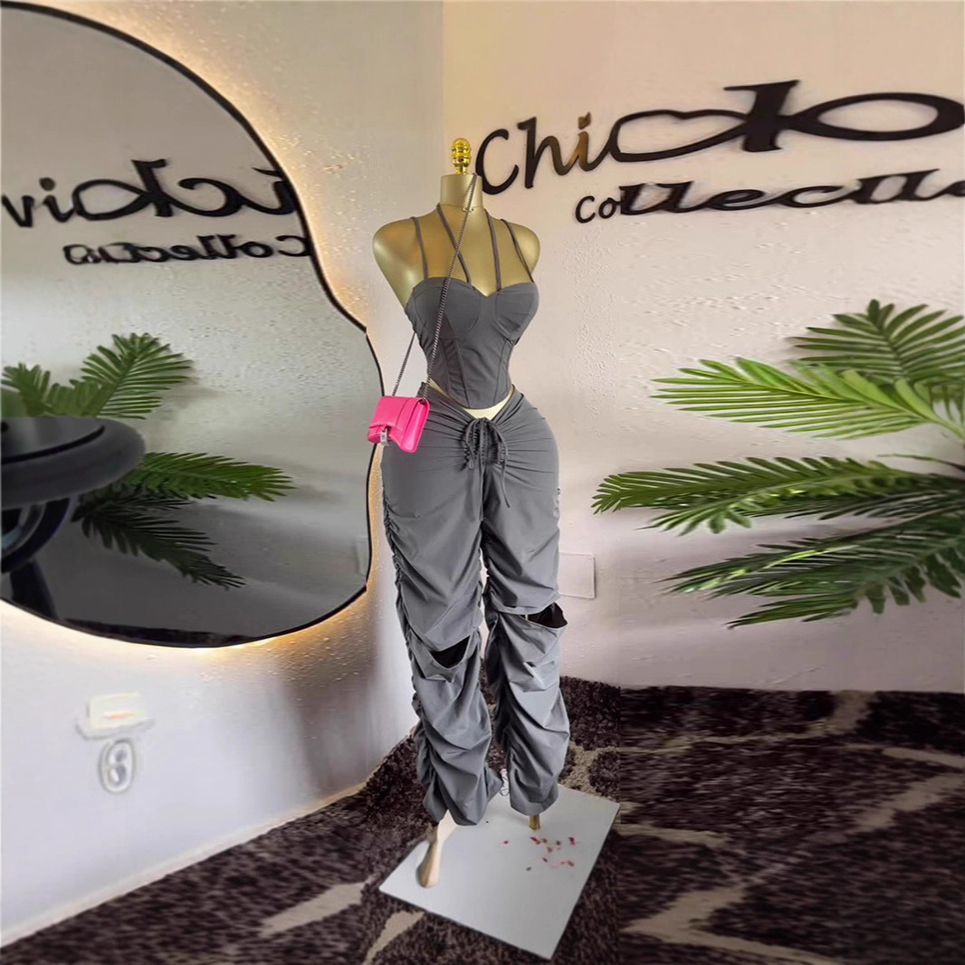 Retro Cargo Pants Women High Waist Straight Leg Pleated Pants Slimming Strapless Top Sleeveless 2-Piece Set - Image 4