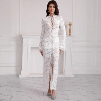 sexy lace sheer fashion street slit long sleeve dress