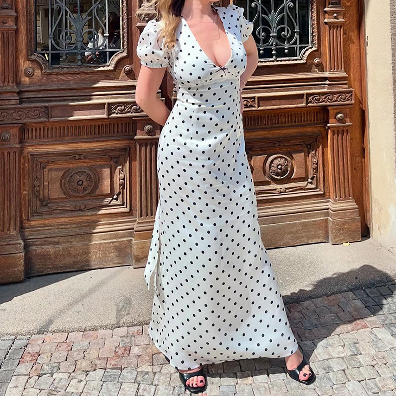 Style Women's Office Wear Bubble Sleeve Fitted Polka Dot Dress - Image 3