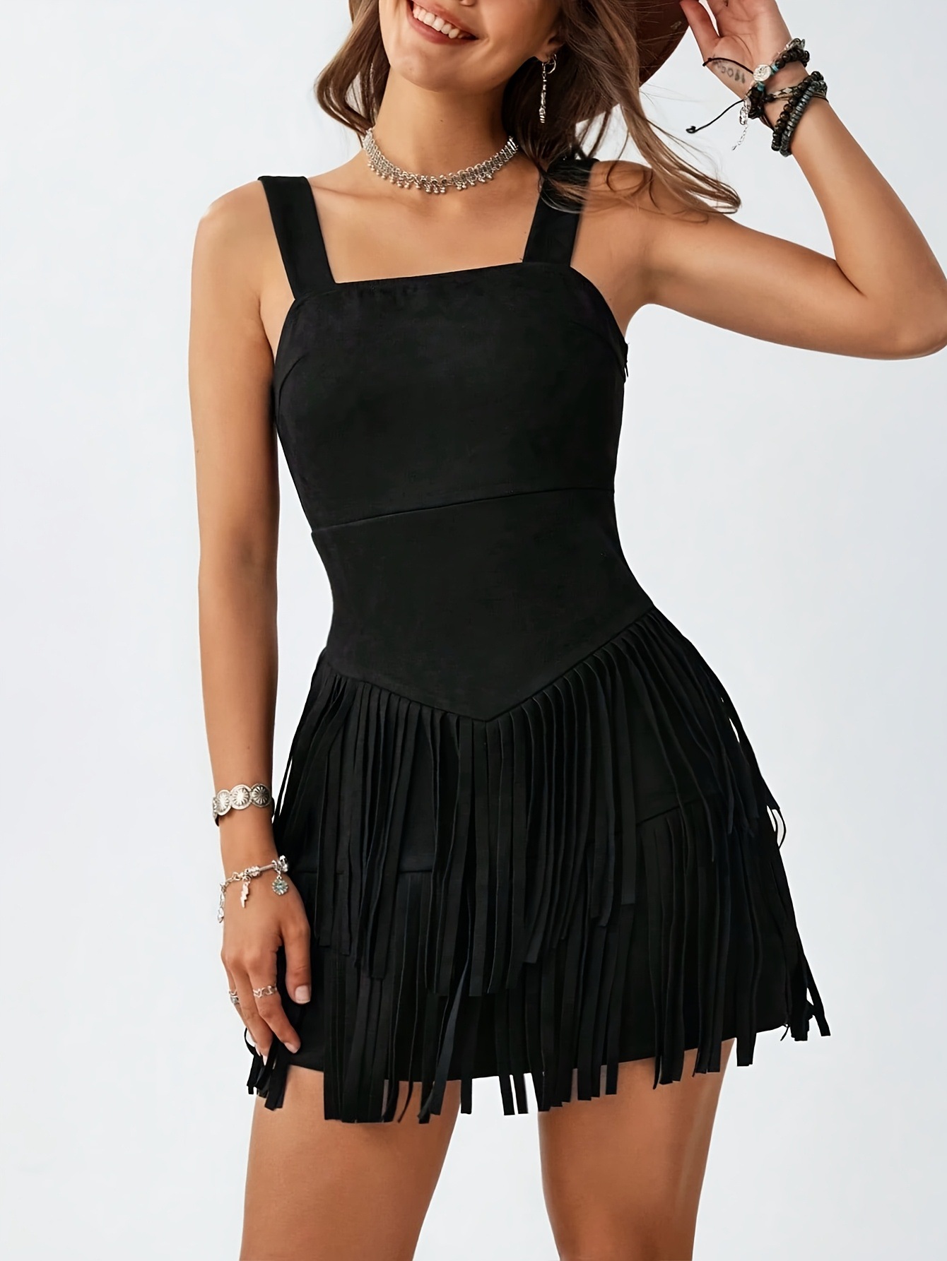 Women's Square Neck Double-Layer Tassel Hem Strapless Dress - Image 6
