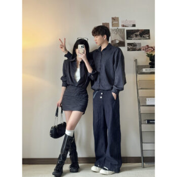 Couples' Autumn Long Sleeve Striped Shirt Dress, Unique Design, Casual Office Wear, Striped Shirt Dress