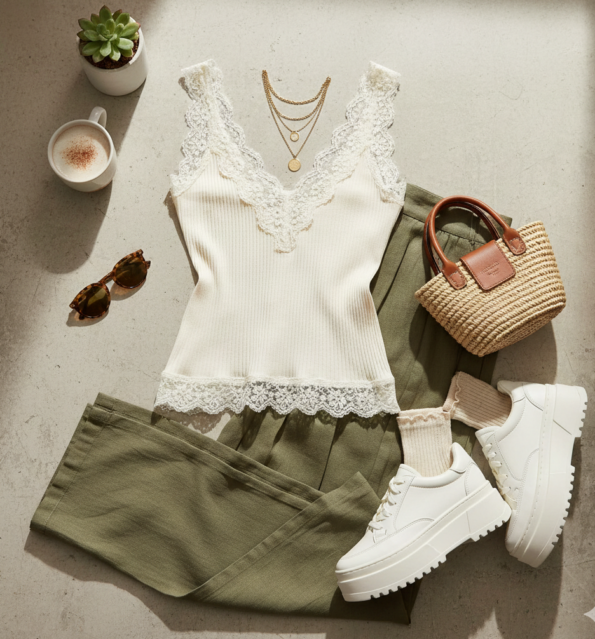 Casual millennial outfit with lace-trimmed basics and chunky sneakers