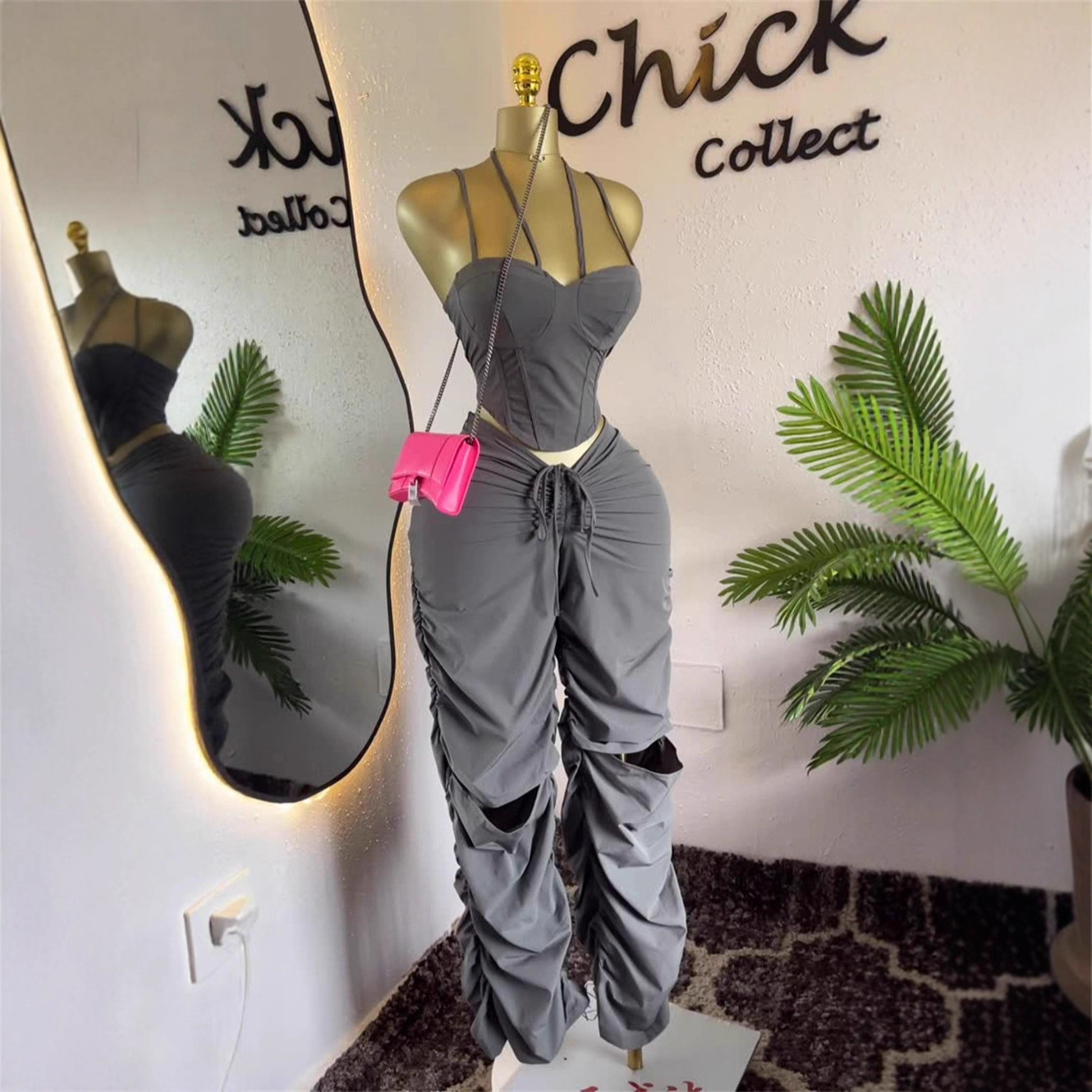 Retro Cargo Pants Women High Waist Straight Leg Pleated Pants Slimming Strapless Top Sleeveless 2-Piece Set - Image 2