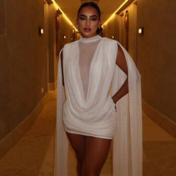 Model Wearing Sexy Sheer Mesh Bodycon Dress with Ruffle Detail