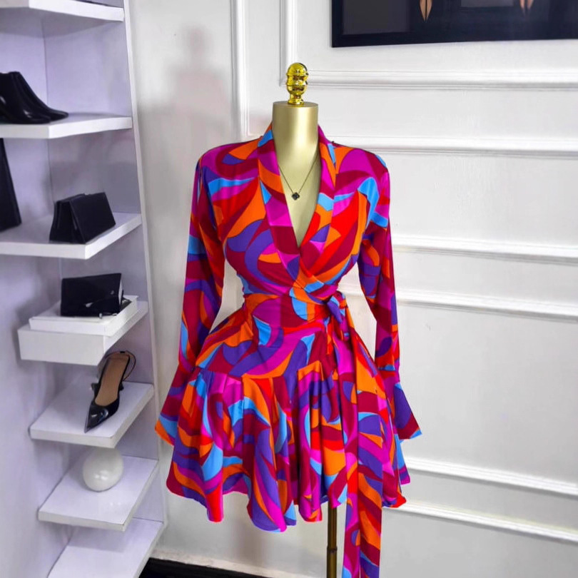 Style Women's Dress with Long Sleeves, V-Neck, Belted Waist, Printed Ruffle Mini Skirt - Image 2