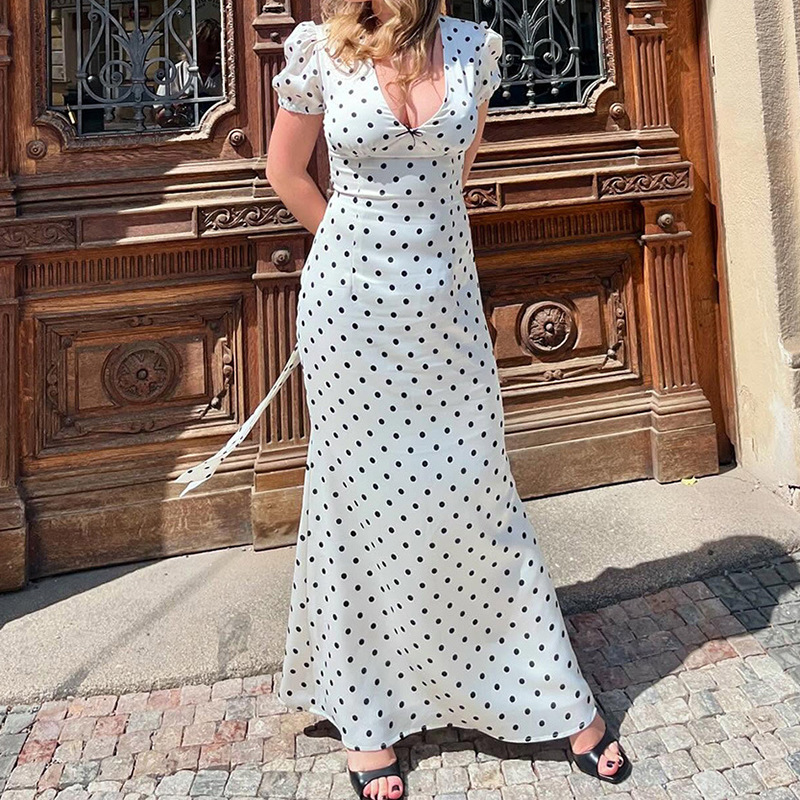 Style Women's Office Wear Bubble Sleeve Fitted Polka Dot Dress - Image 4