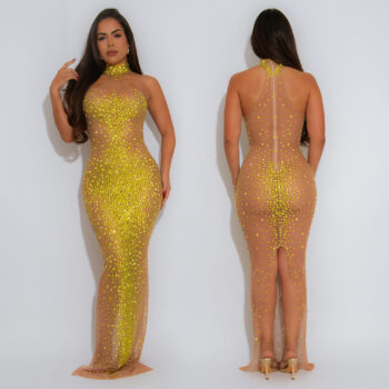 Woman wearing fashion sexy sheer mesh rhinestone fitted dress night out