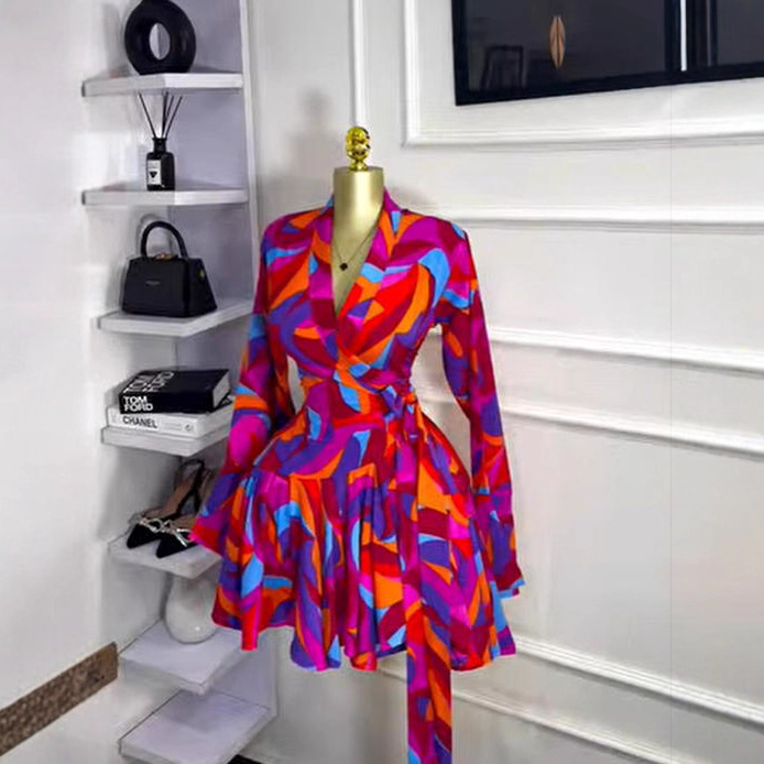 Style Women's Dress with Long Sleeves, V-Neck, Belted Waist, Printed Ruffle Mini Skirt - Image 3