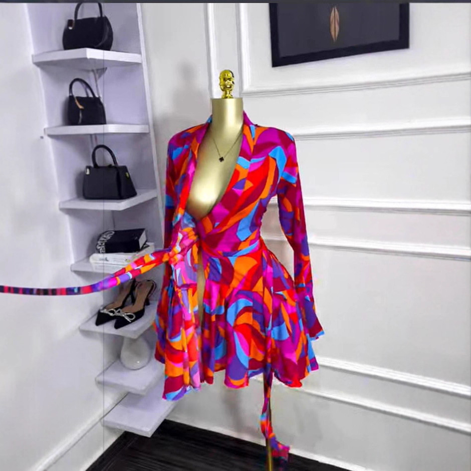 Style Women's Dress with Long Sleeves, V-Neck, Belted Waist, Printed Ruffle Mini Skirt - Image 4