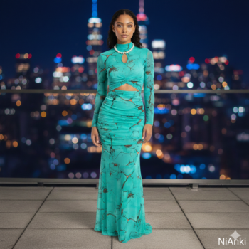 Printed Hollow Mesh Pleated Long Sleeve Fish Tail Dress