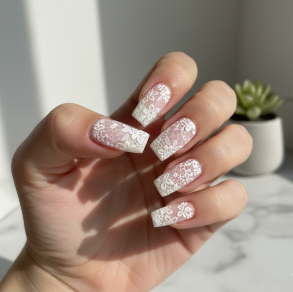 Lace-inspired nail art trend 2026 with 3D white patterns and sheer base.